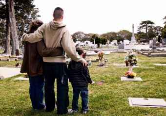 family visiting the grave of a loved one